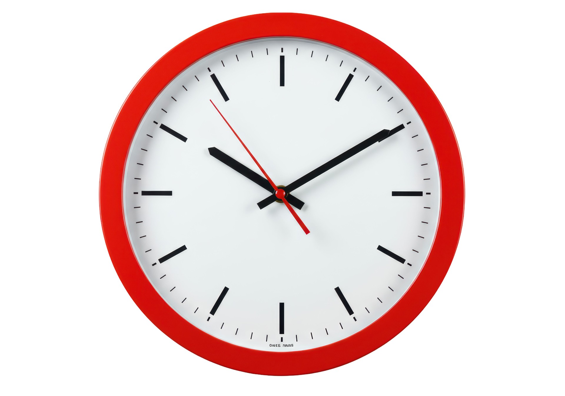 Isolierte moderne rote Wanduhr für zu Hause oder im Büro